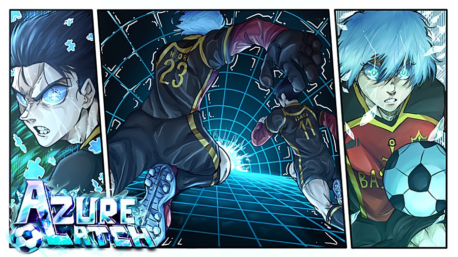 Azure Latch key art: players charging down a neon-blue grid pitch, Hiori in the number 23 jersey
