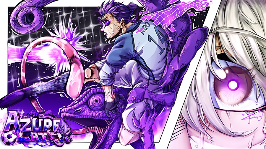 Azure Latch key art: Reo in the number 14 jersey surrounded by purple chameleon tendrils
