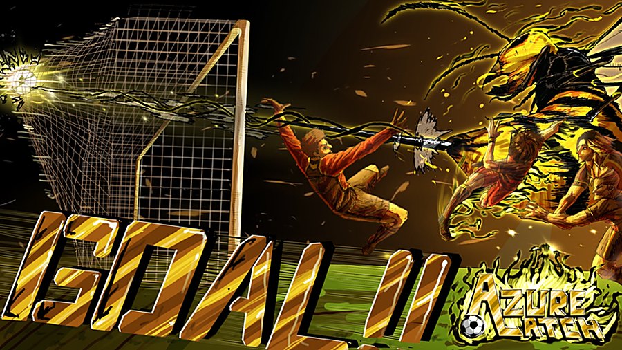 Azure Latch key art: a burning shot rips the net past a diving keeper with GOAL!! lettering
